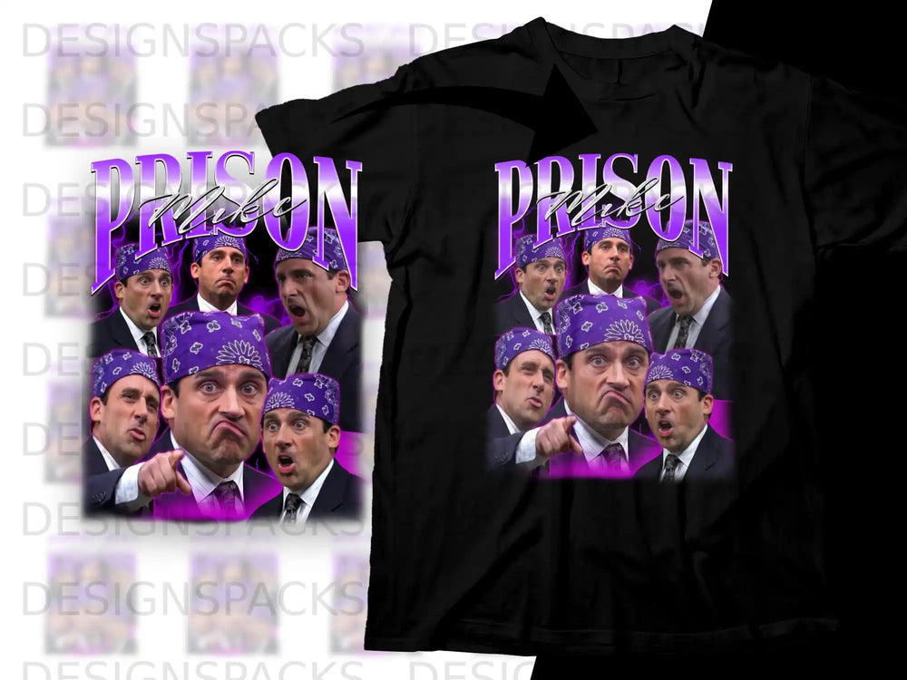 The Office characters Dwight and Michael in purple bandanas on black t-shirts.