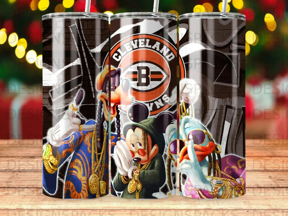 Mickey Mouse, Donald Duck, and Goofy in Cleveland Browns attire with bling.