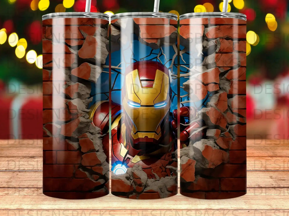 Iron Man breaks through a brick wall on a tumbler.