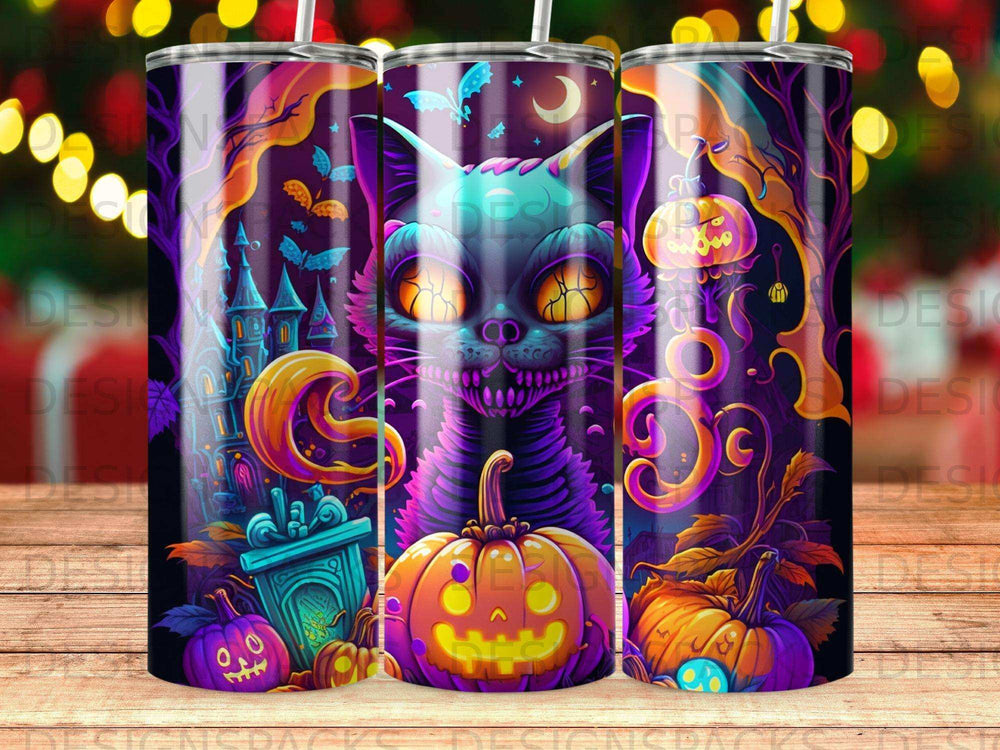 Halloween-themed tumbler with a spooky cat, castle, and pumpkins.