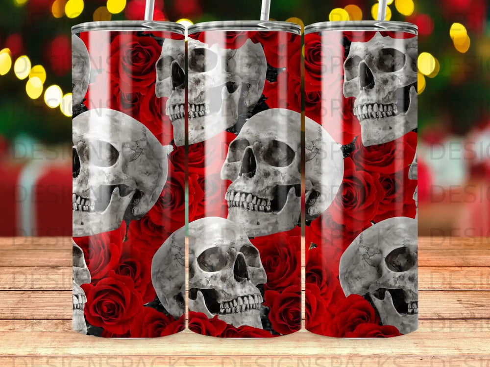 Skulls and red roses pattern on a tumbler.