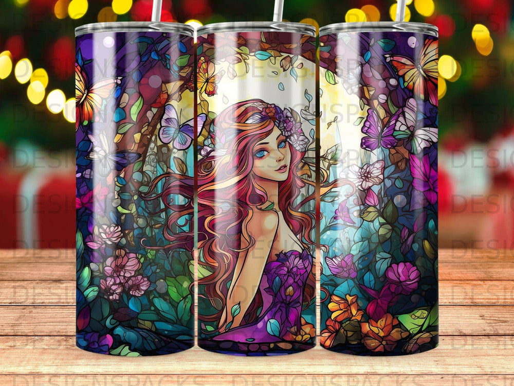 Fantasy woman with flowing hair surrounded by colorful flowers and butterflies.
