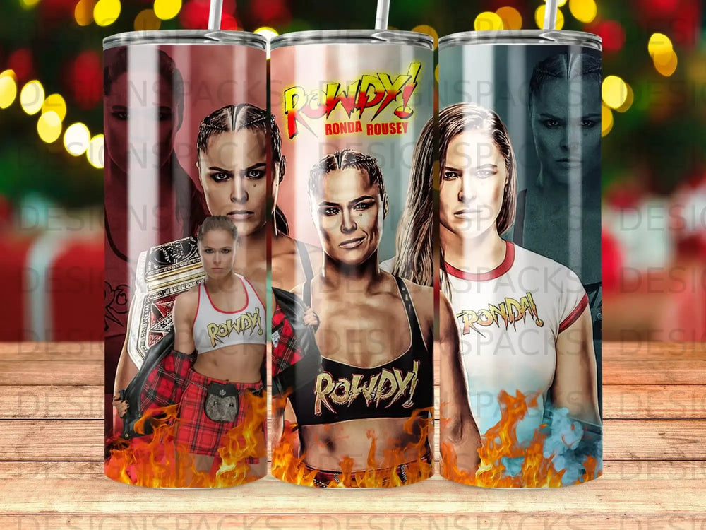 Ronda Rousey "Rowdy" graphic on three tumblers with flames and stadium lights.