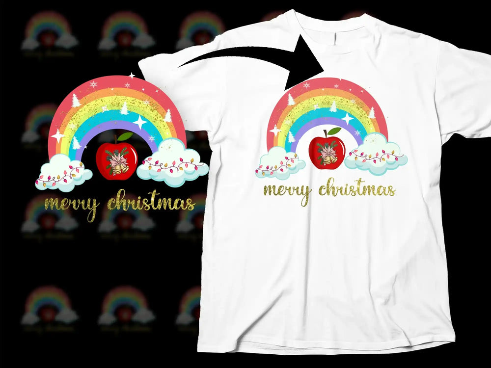Festive Christmas T-Shirt with Rainbow and Strawberry Design, Holiday Apparel for All Ages