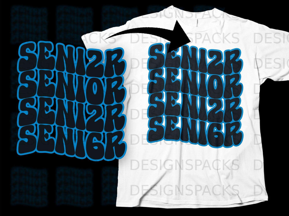White t-shirt with a blue and black "SENIOR" graphic repeated in a cascading style.