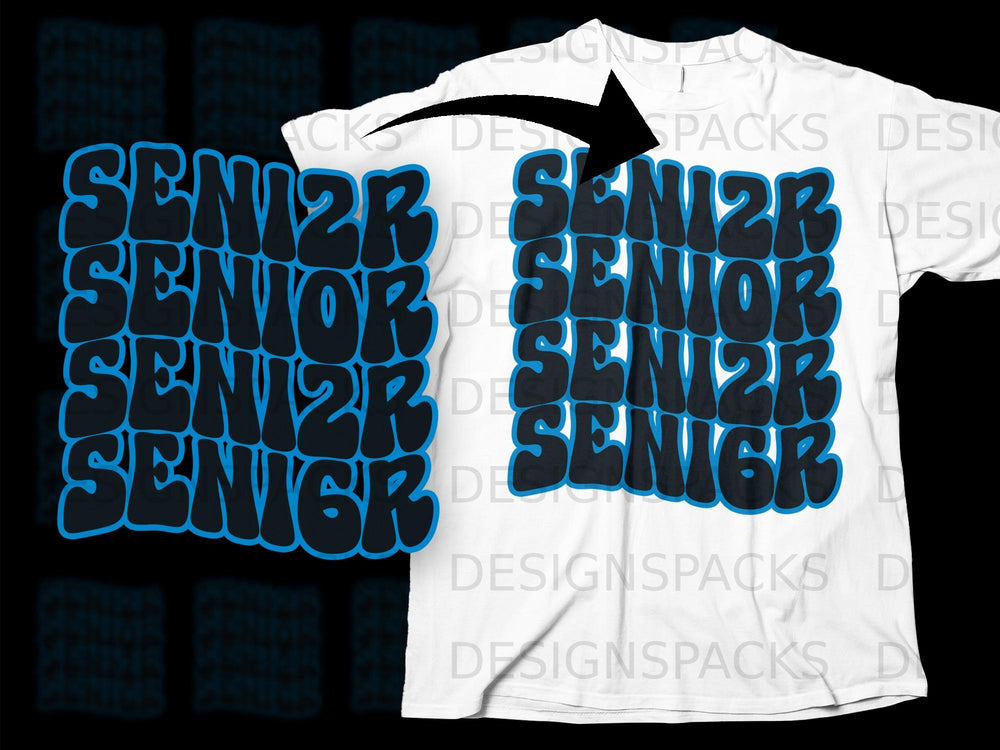 White t-shirt with a blue and black "SENIOR" graphic repeated in a cascading style.