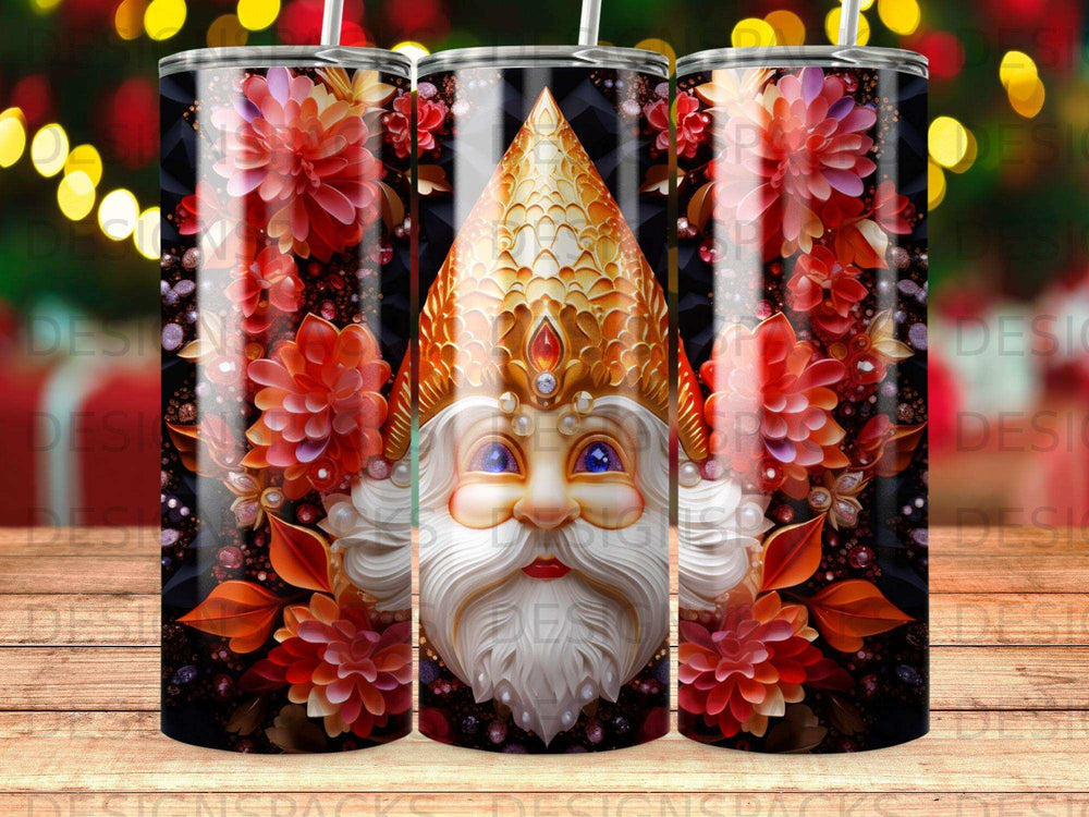 Santa Claus face with ornate golden crown and red flowers.