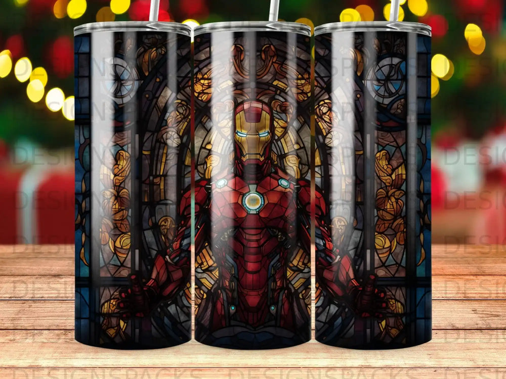 Stained glass Iron Man artwork on a tumbler.