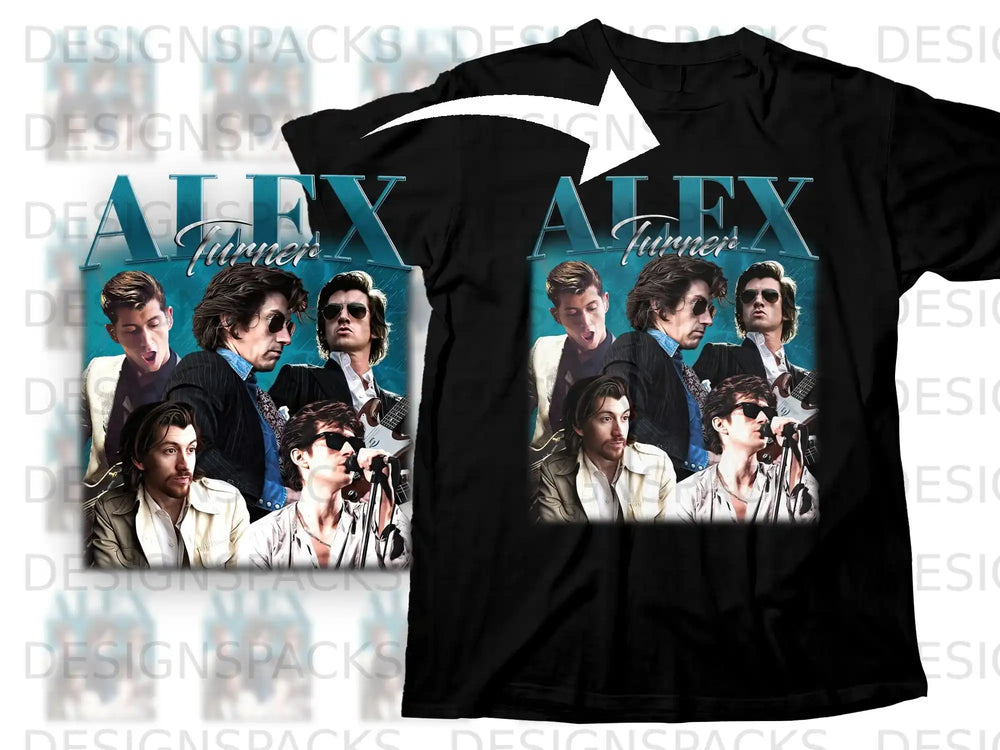 Alex Turner band t-shirt with four panel images and text.