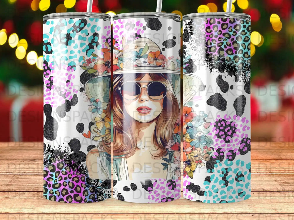 Woman wearing hat and sunglasses with floral and animal print background.