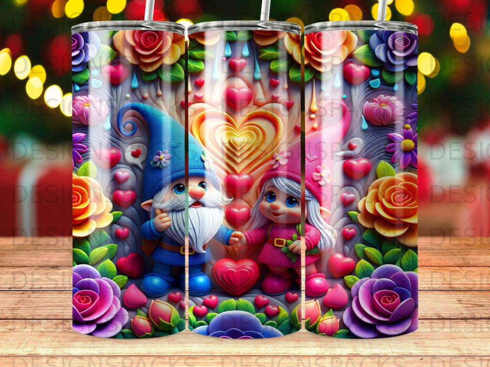 Gnomes holding heart, surrounded by colorful flowers and hearts.