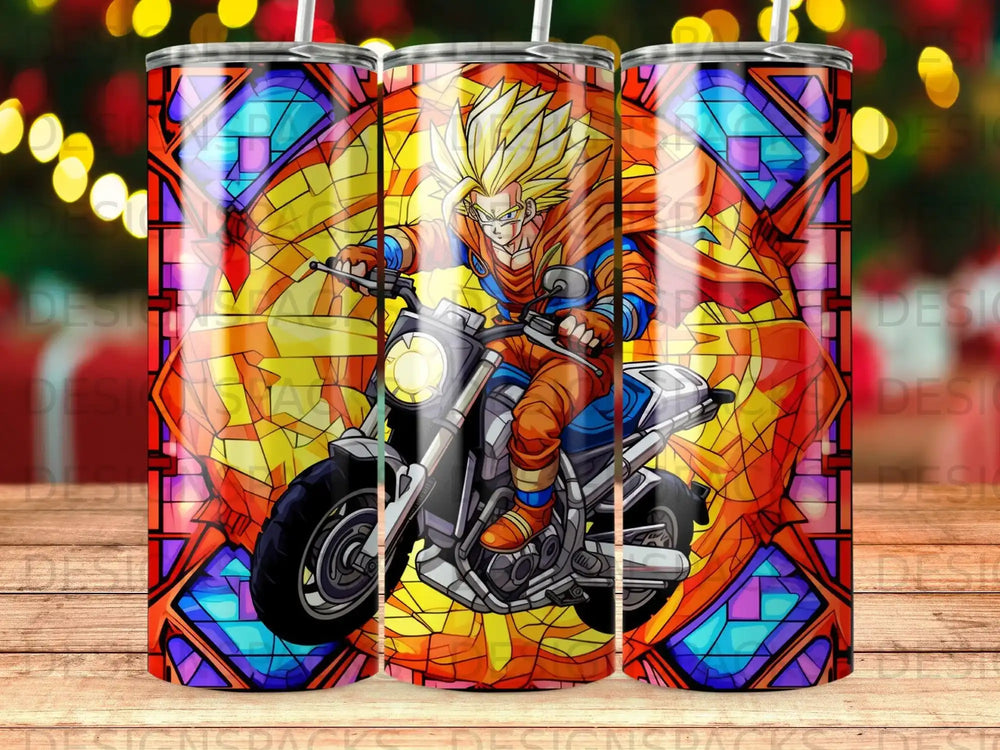 Goku on a motorcycle with a stained glass-style background.