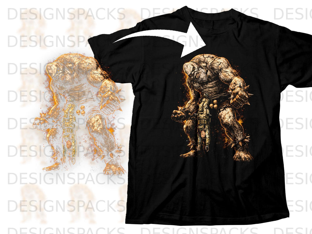 Black t-shirt featuring a fierce, muscular monster with spiked armor and a chain belt.