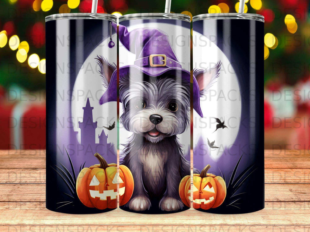 Witch dog with pumpkins and moon Halloween design.