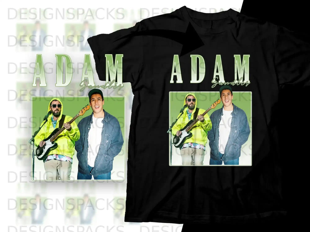 Black t-shirt featuring Adam Sandler playing guitar, with "Adam Sandler" text.