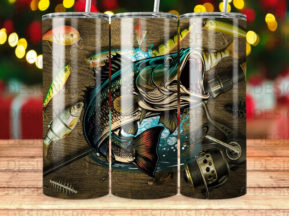 Large mouth bass with fishing gear illustration on a wooden background.