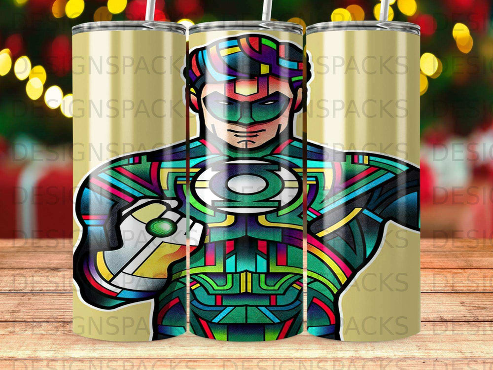 Green Lantern character with geometric patterns and a colorful glow.