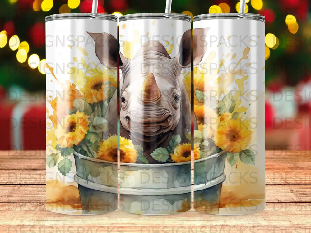Watercolor rhinoceros head peeking over sunflowers in a bucket.