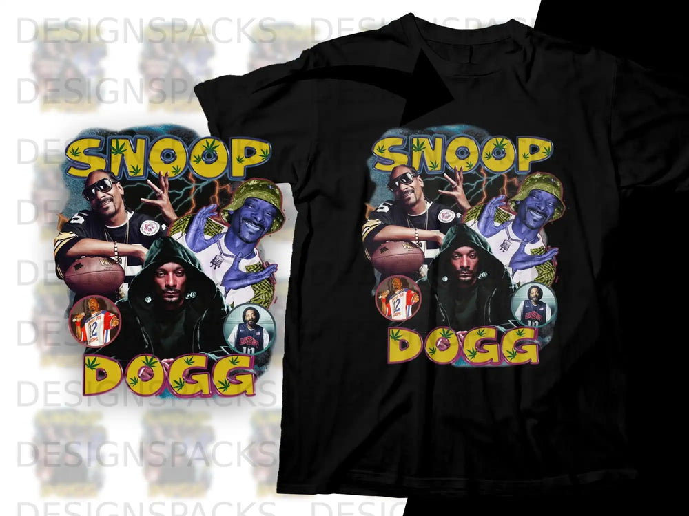 Snoop Dogg collage graphic t-shirt with multiple portraits and text.