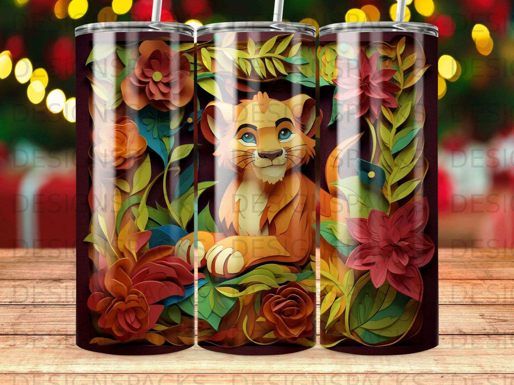 The Lion King Simba character surrounded by vibrant floral and leaf designs.