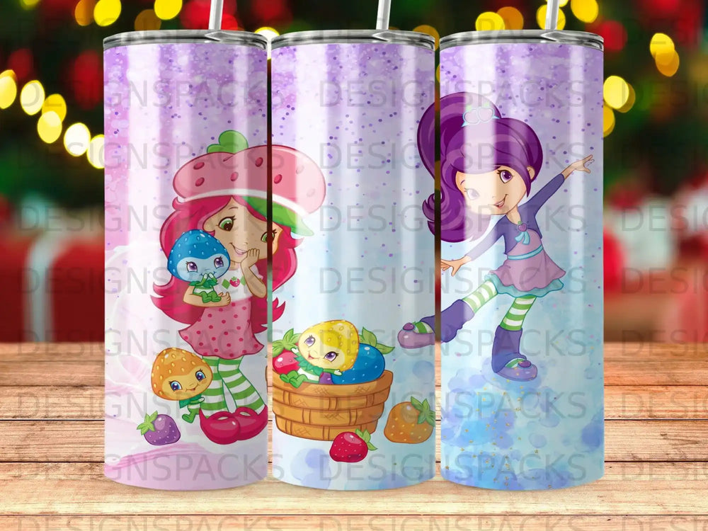 Strawberry Shortcake characters with strawberries and a basket on a tumbler.