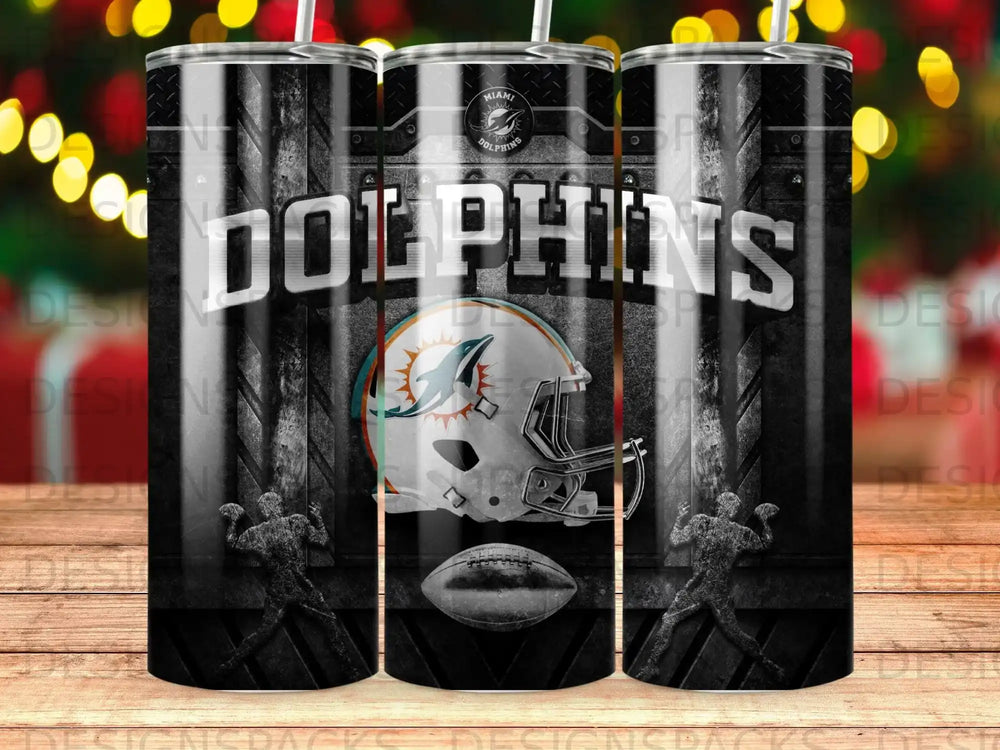 Miami Dolphins helmet and football with team logo and silver accents.