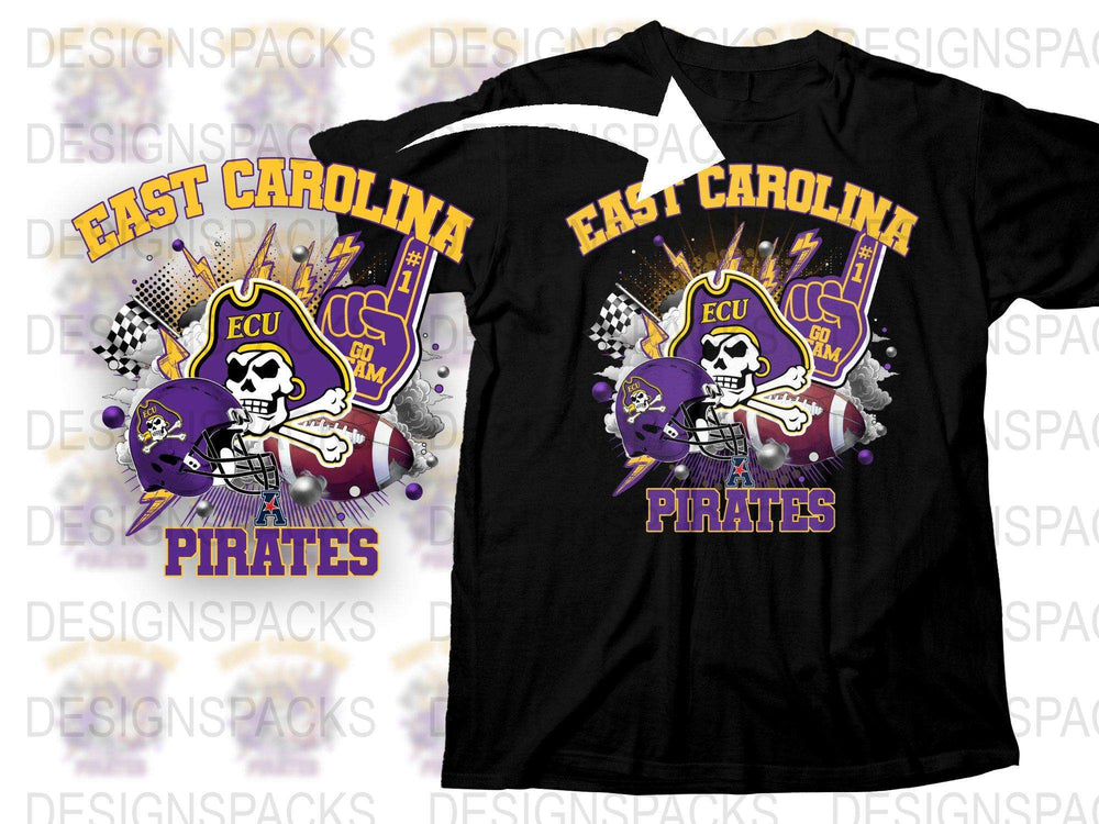 East Carolina Pirates T-Shirt, ECU Skull Graphic, College Sports Fan Apparel, Black Tee