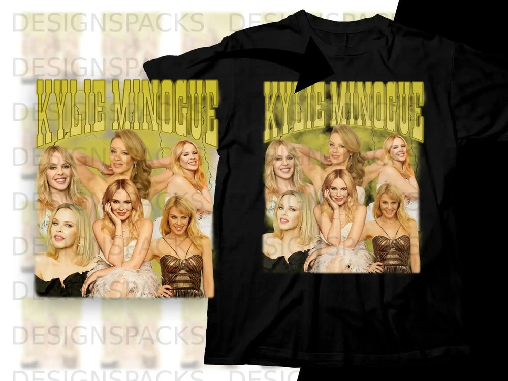 Kylie Minogue collage on black t-shirt, "DesignsPacks" watermark visible.