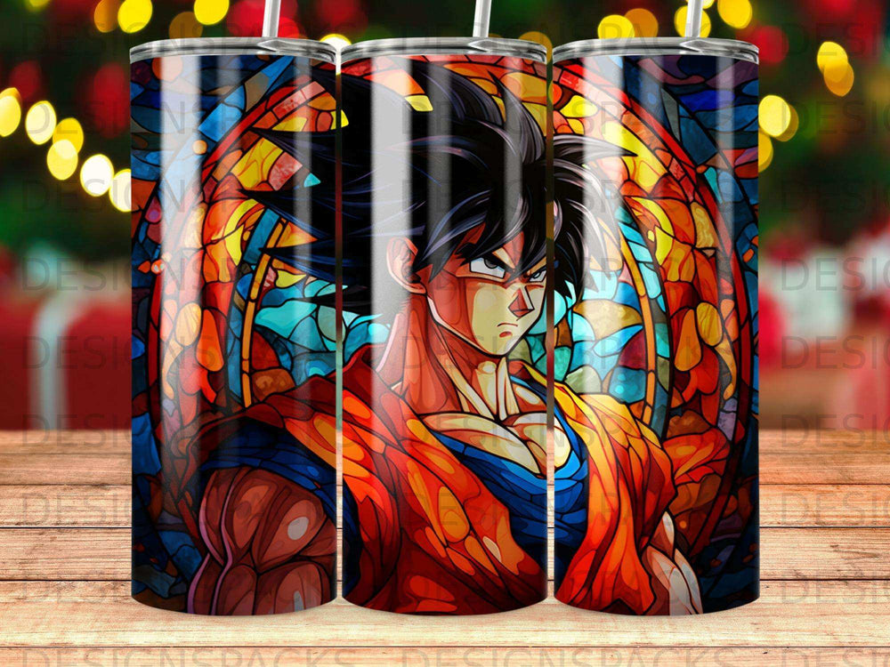 Goku from Dragon Ball Z in a stained-glass style on a tumbler.