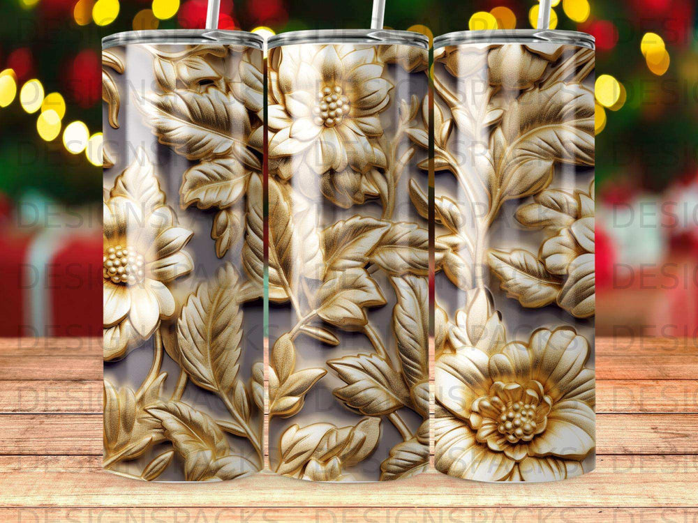 Gold floral pattern on a tumbler.