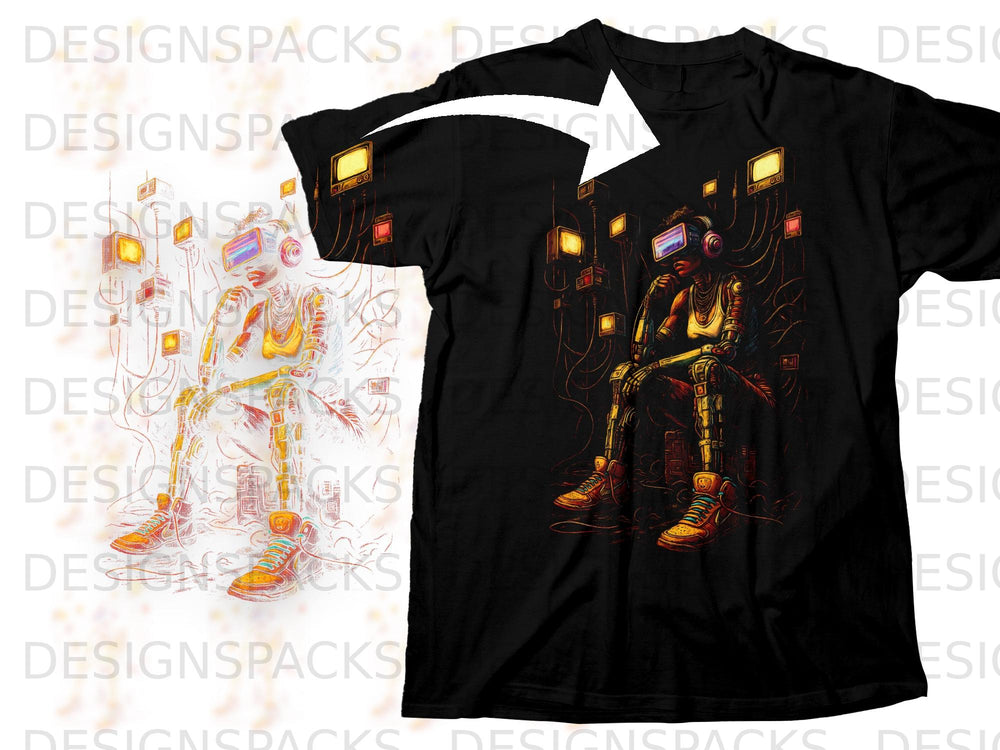 Cyberpunk robot with VR headset sitting among glowing screens and wires.