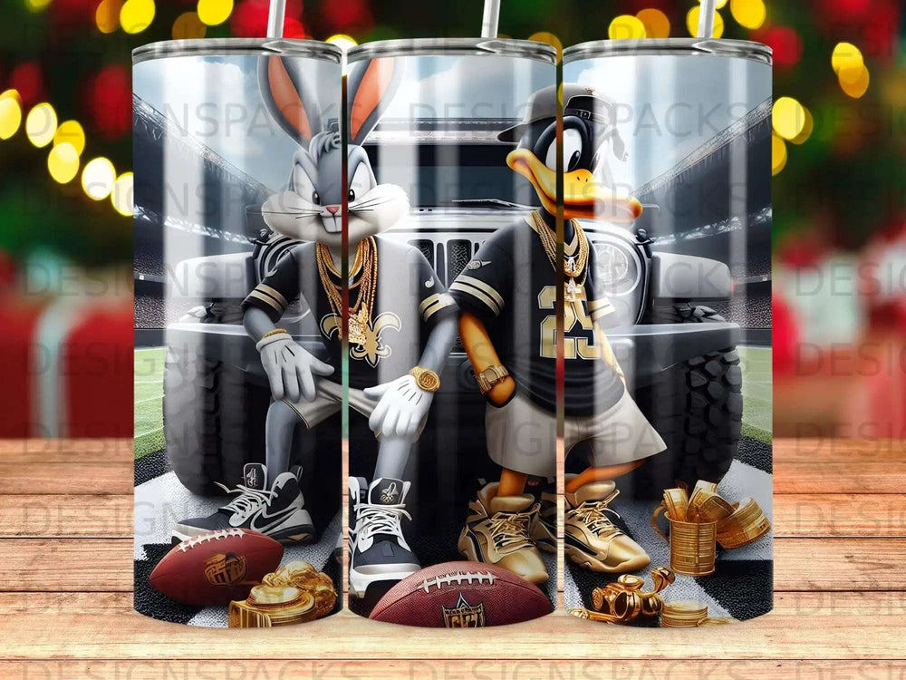 Bugs Bunny and Daffy Duck in gold chains and athletic wear.