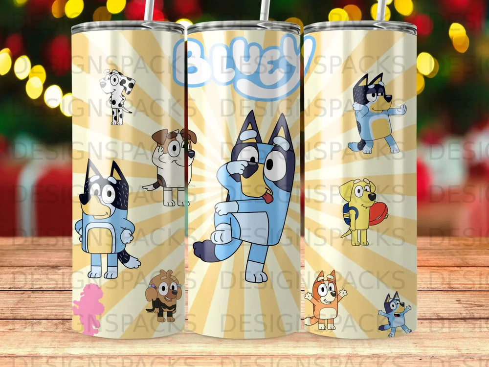 Bluey and Bingo characters on a colorful background tumbler.