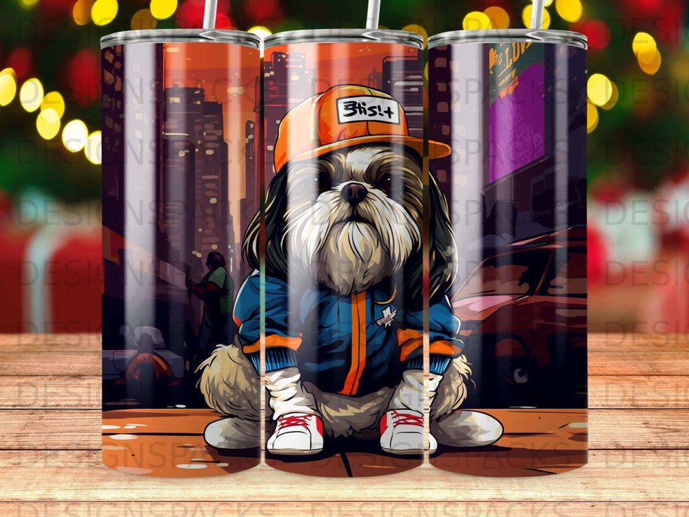 Shih Tzu dog wearing a baseball cap, jacket, and sneakers, sitting outdoors.