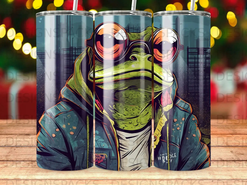 Cartoon frog wearing sunglasses and a hoodie, urban background.