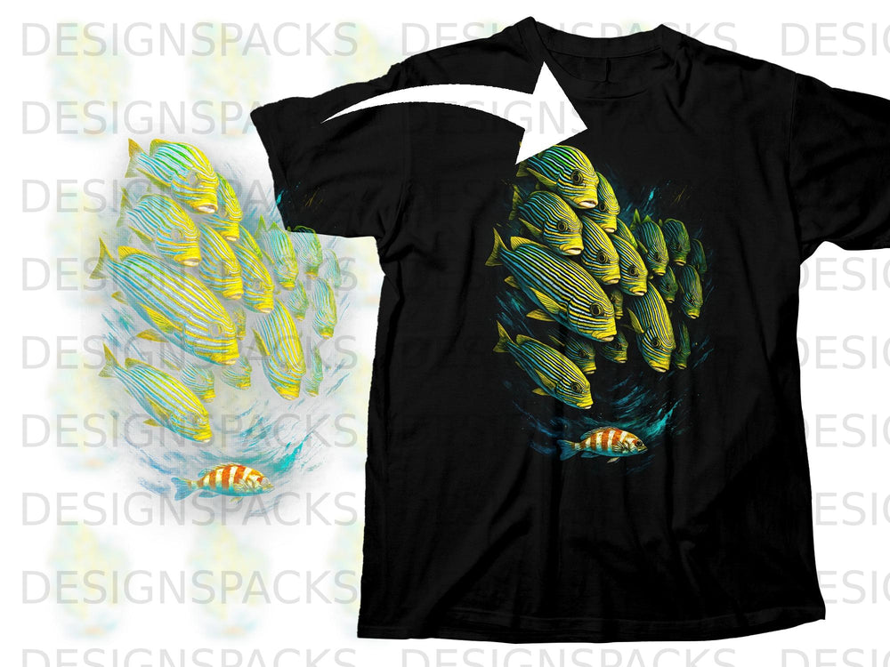 Black t-shirt with illustration of yellow and blue striped fish schooling underwater.