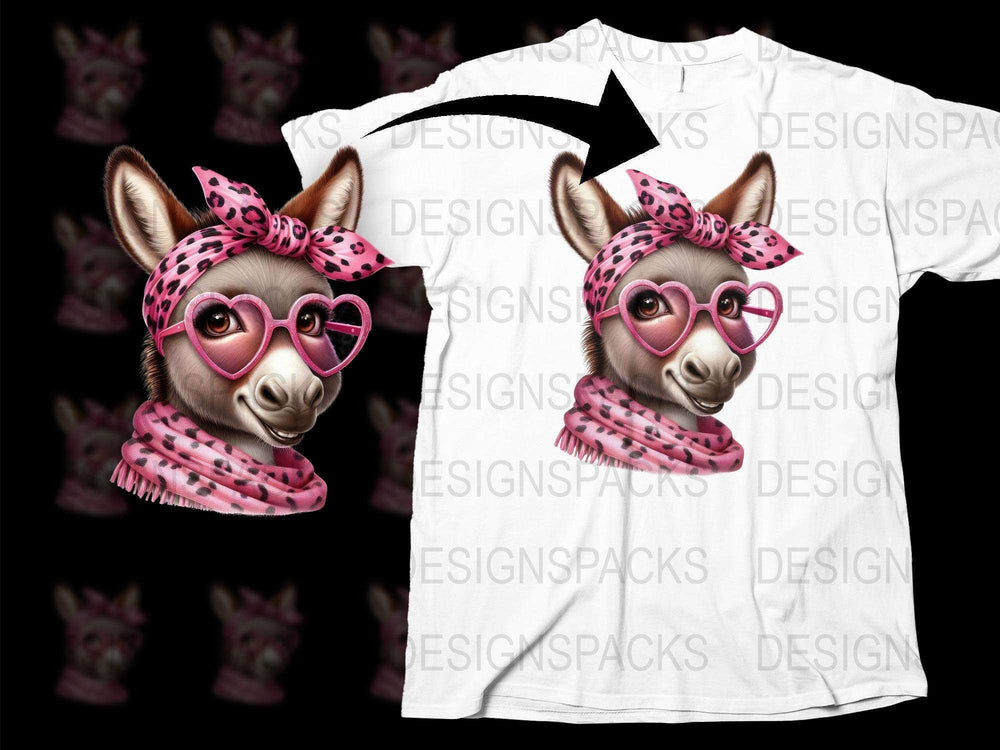 Cute Donkey T-Shirt with Pink Glasses and Scarf, Adorable Animal Graphic Tee, Unique Fashion Top