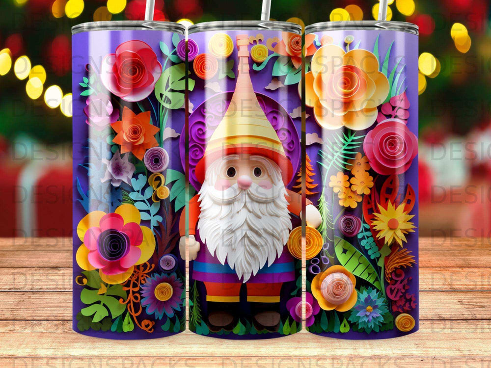 Gnome with colorful paper flowers and leaves on a purple speckled tumbler.