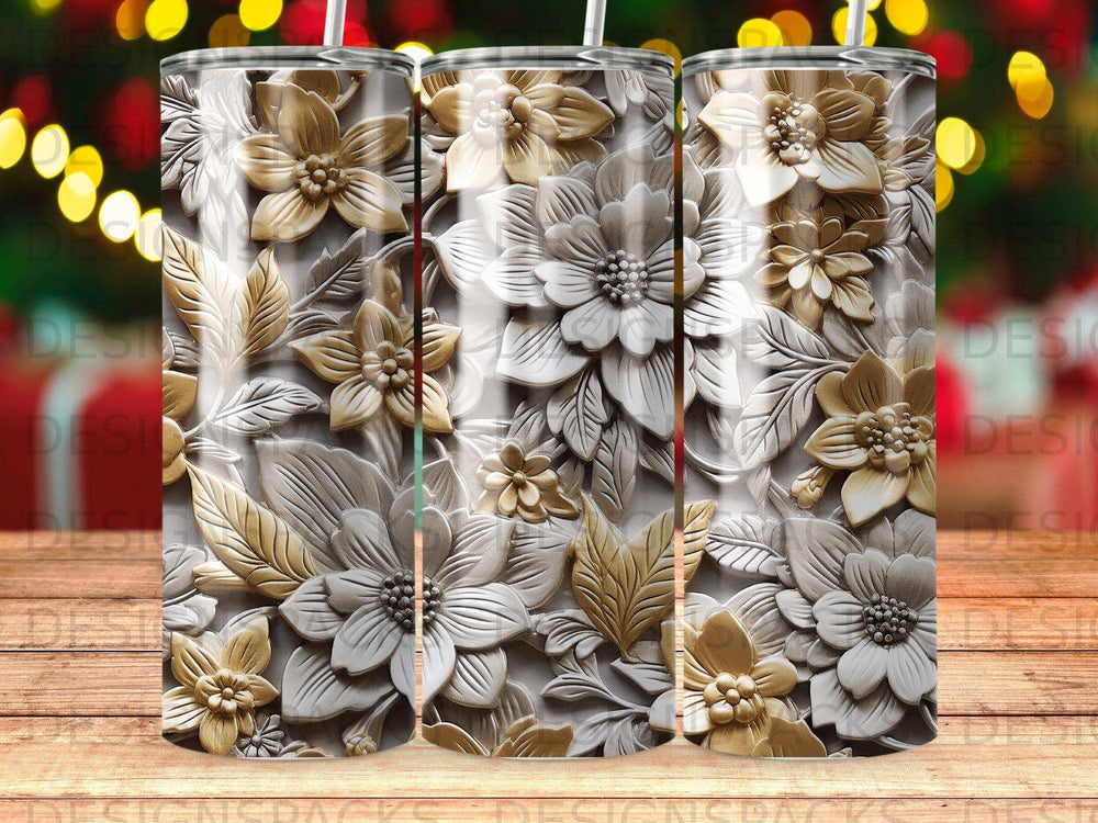 Tumbler with embossed floral design and wood grain background.