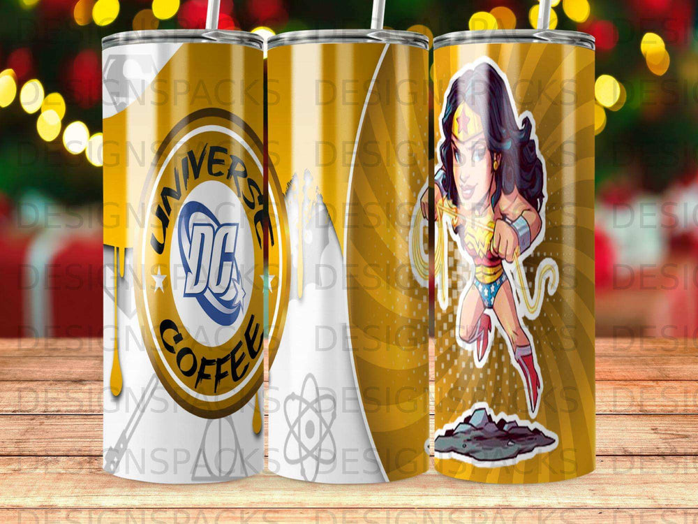 DC Comics Wonder Woman tumbler with coffee logo and superhero graphic.