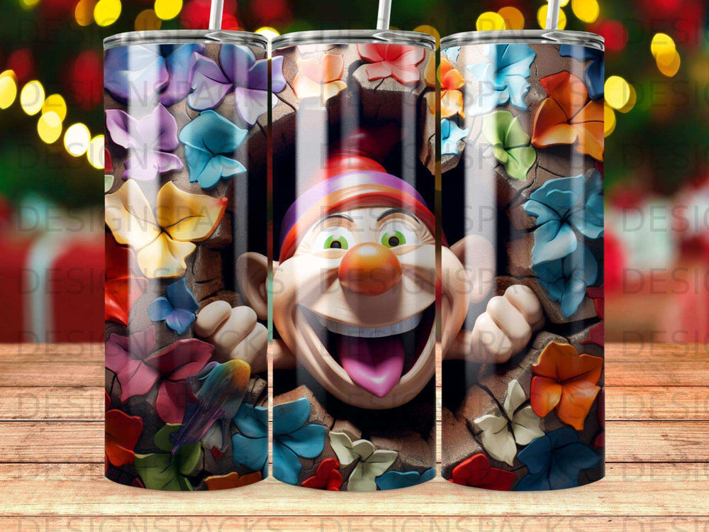 Clown emerging from colorful flowers on a tumbler.