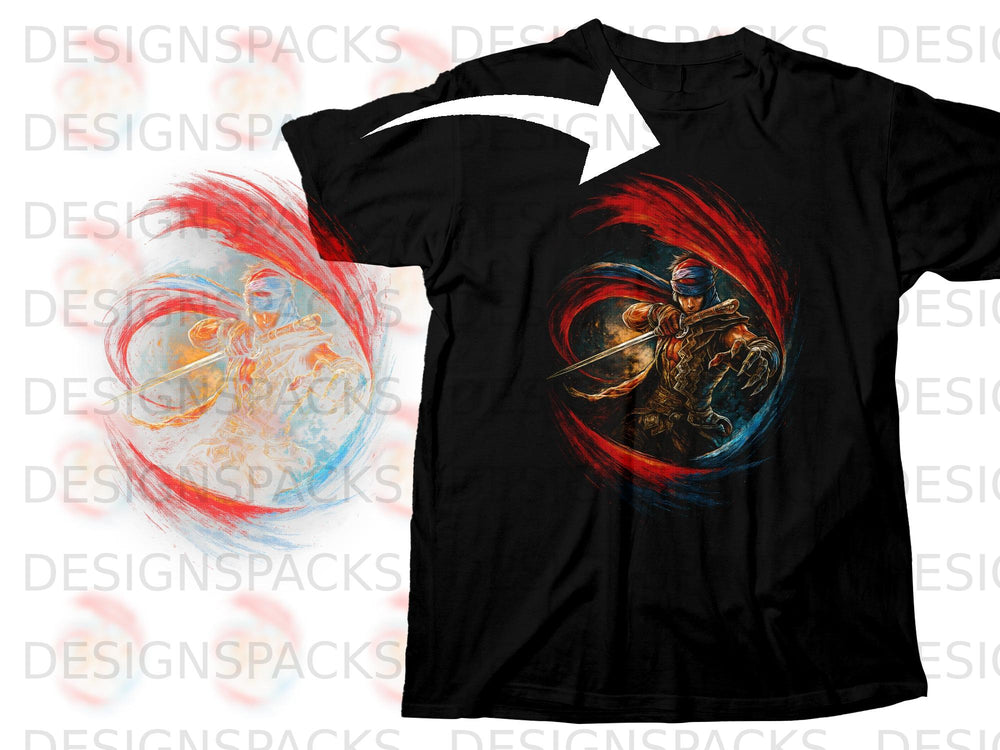 Black t-shirt with a blindfolded warrior holding a sword and a red and blue swirl design.