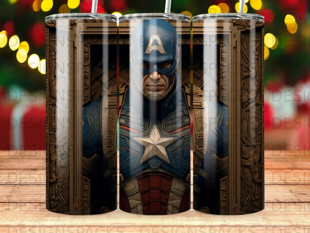 Captain America themed tumbler with patriotic star design.