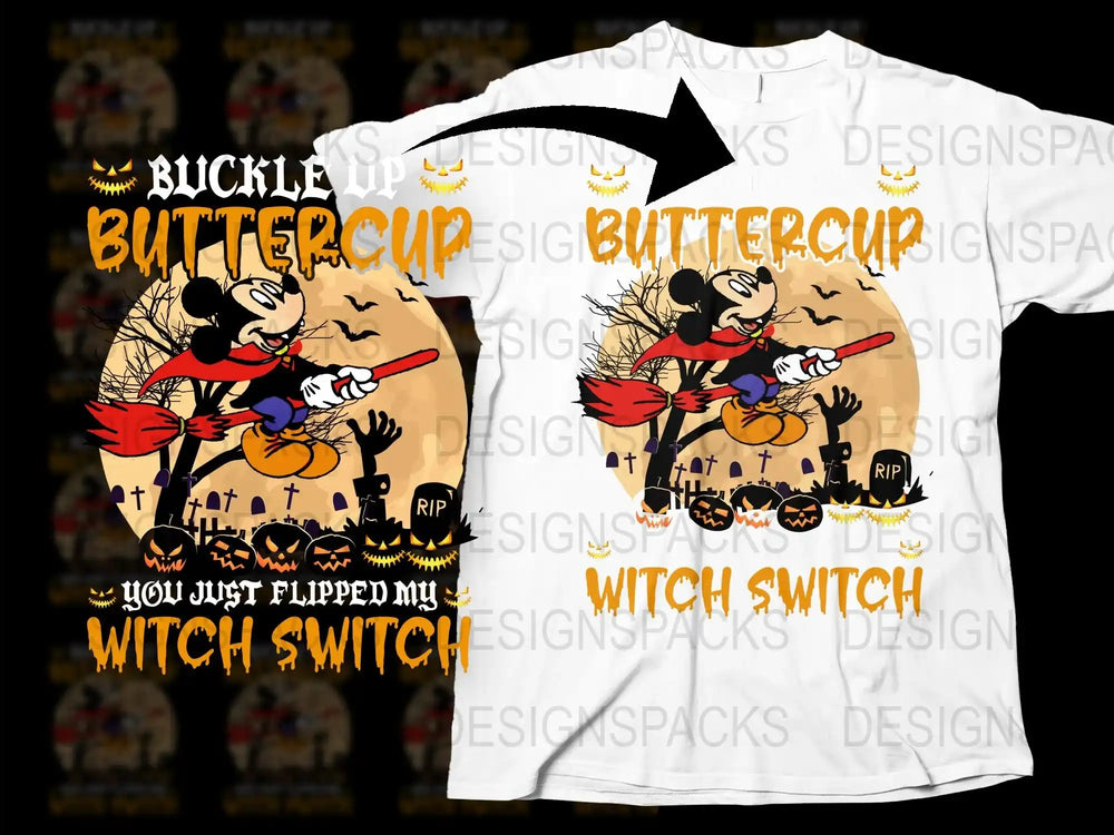 Buckle Up Buttercup Witch Switch Halloween T-Shirt, Funny Cartoon Witch Graphic Tee, Spooky Fall Apparel for Adults and Kids