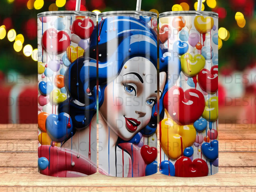 Woman with blue hair and lips, surrounded by colorful heart balloons.