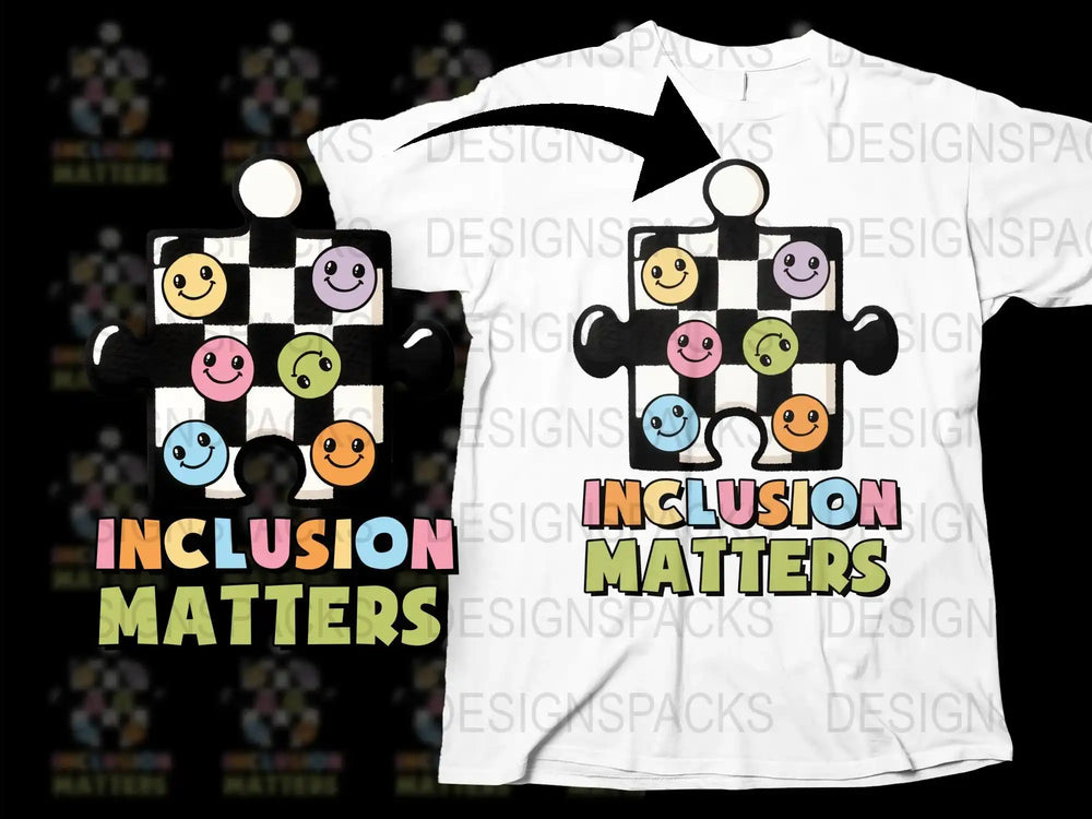 Inclusion Matters Puzzle Piece T-Shirt, Diversity Unity Smile Faces, Positive Message, Unisex Graphic Tee, Multicolor, All Sizes Available