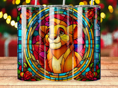 Simba from The Lion King in a stained-glass window with floral accents.