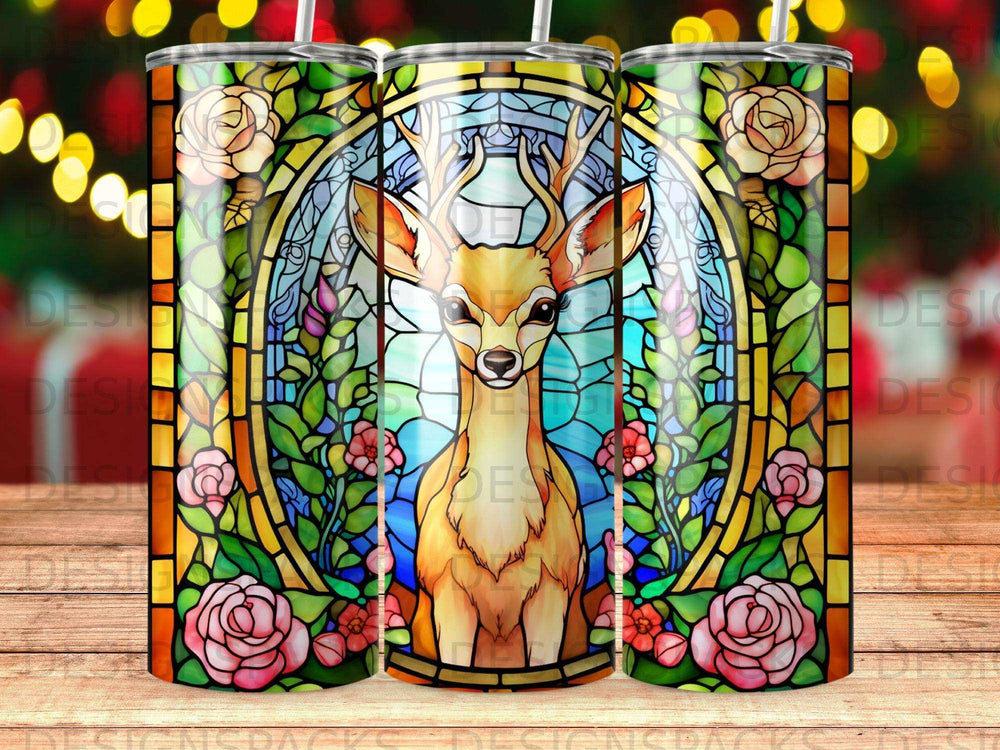 Deer with floral stained glass design on a tumbler.