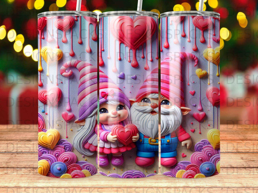Two gnomes holding a heart surrounded by colorful hearts and flowers.