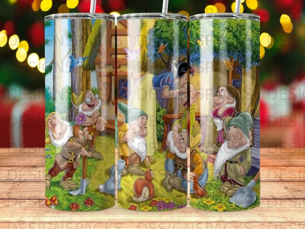 Snow White and seven dwarfs in a forest setting.